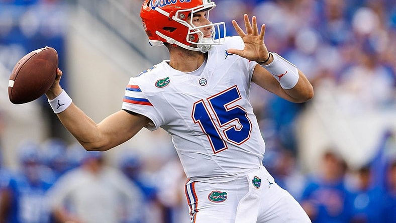 Sep 30, 2023; Lexington, Kentucky, USA; Florida Gators quarterback Graham Mertz (15) throws a pass during the first quarter against the Kentucky Wildcats at Kroger Field. Mandatory Credit: Jordan Prather-USA TODAY Sports