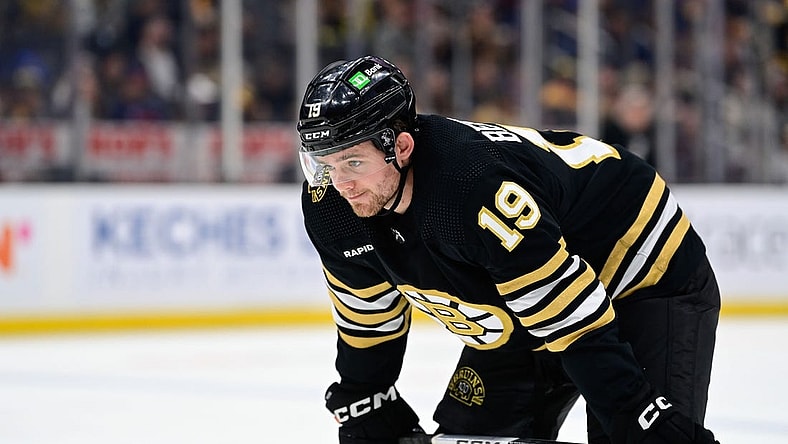 Sep 24, 2023; Boston, Massachusetts, USA; Boston Bruins center John Beecher (19)  waits for play to begin against the New York Rangers  during the third period at TD Garden. Mandatory Credit: Eric Canha-USA TODAY Sports