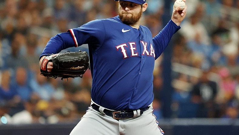 Oct 3, 2023; St. Petersburg, Florida, USA; Texas Rangers starting pitcher Jordan Montgomery (52) pitches against the Tampa Bay Rays in the second inning during game one of the Wildcard series for the 2023 MLB playoffs at Tropicana Field. Mandatory Credit: Kim Klement Neitzel-USA TODAY Sports