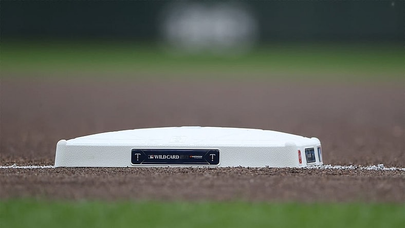 Oct 3, 2023; Minneapolis, Minnesota, USA; General view of the MLB wildcard logo displayed on a base before the game between the Minnesota Twins and the Toronto Blue Jays during game one of the Wildcard series for the 2023 MLB playoffs at Target Field. Mandatory Credit: Jesse Johnson-USA TODAY Sports