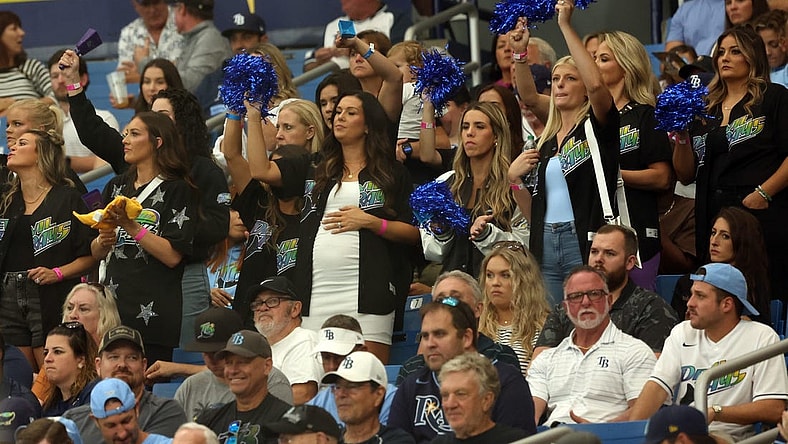 Oct 3, 2023; St. Petersburg, Florida, USA; Wives and girlfriends of Tampa Bay Rays players look on in the eighth inning against the Texas Rangers during game one of the Wildcard series for the 2023 MLB playoffs at Tropicana Field. Mandatory Credit: Kim Klement Neitzel-USA TODAY Sports