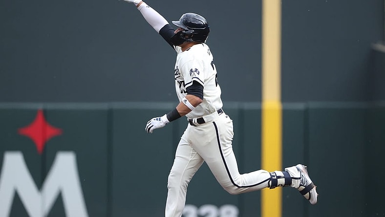 Oct 3, 2023; Minneapolis, Minnesota, USA; Minnesota Twins short stop Royce Lewis (23) celebrates after hitting a home run in the third inning against the Toronto Blue Jays during game one of the Wildcard series for the 2023 MLB playoffs at Target Field. Mandatory Credit: Jesse Johnson-USA TODAY Sports
