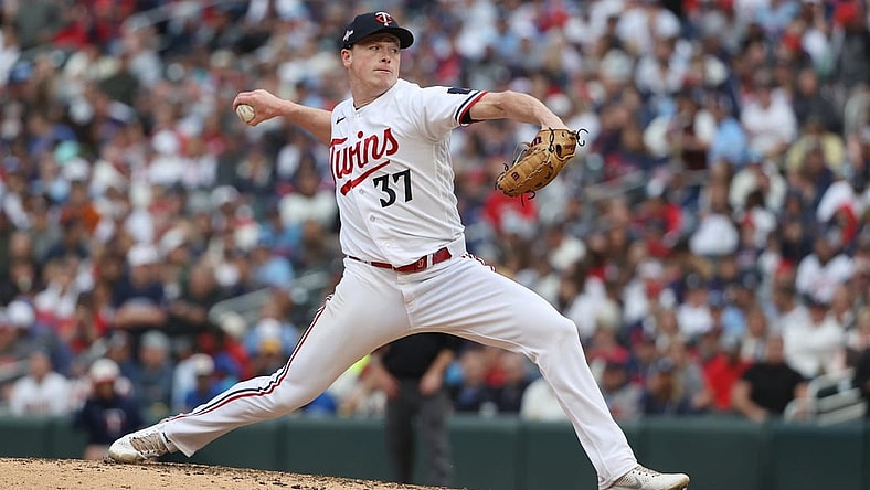 Oct 4, 2023; Minneapolis, Minnesota, USA; Minnesota Twins relief pitcher Louie Varland (37) pitches in the sixth inning against the Toronto Blue Jays during game two of the Wildcard series for the 2023 MLB playoffs at Target Field. Mandatory Credit: Jesse Johnson-USA TODAY Sports