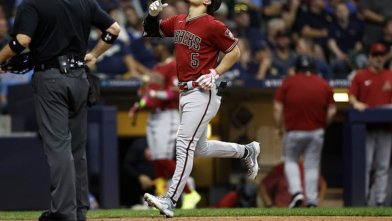 Oct 4, 2023; Milwaukee, Wisconsin, USA; Arizona Diamondbacks center fielder Alek Thomas (5) celebrates after hitting a home run in the fifth inning against the Milwaukee Brewers during game two of the Wildcard series for the 2023 MLB playoffs at American Family Field. Mandatory Credit: Kamil Krzaczynski-USA TODAY Sports