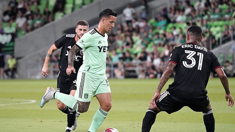 Oct 4, 2023; Austin, Texas, USA; Austin FC midfielder Sebastian Driussi (10) kicks the ball in the first half of the game against D.C. United at Q2 Stadium. Mandatory Credit: Scott Wachter-USA TODAY Sports
