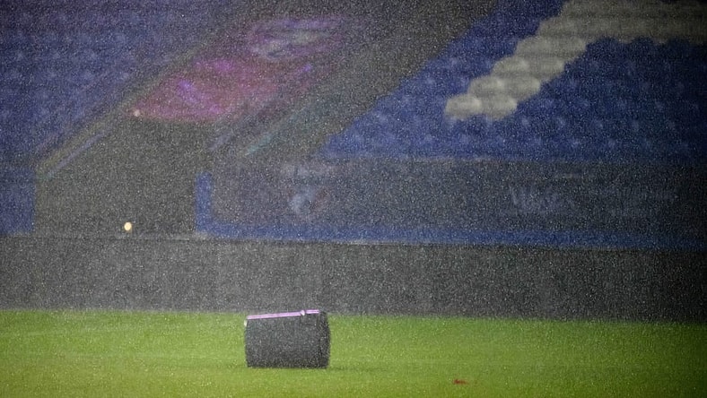 Oct 4, 2023; Frisco, Texas, USA; A view of a trash can after it is blown on to the field as a storm goes through Frisco during a lightning delay in the game between FC Dallas and the Colorado Rapids at Toyota Stadium. Mandatory Credit: Jerome Miron-USA TODAY Sports