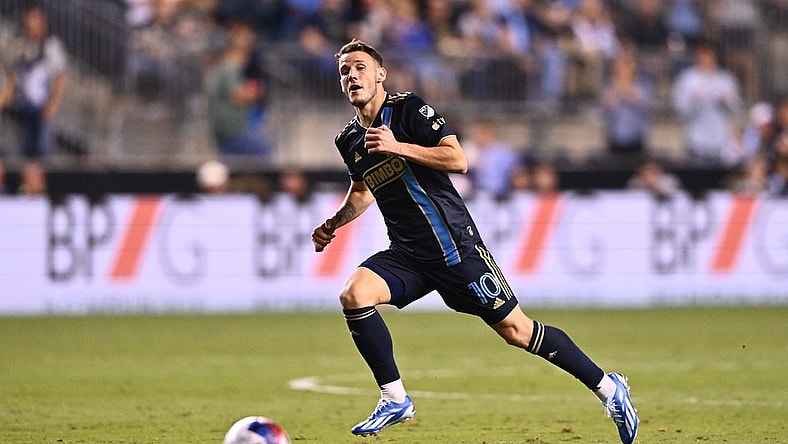 Oct 4, 2023; Philadelphia, Pennsylvania, USA; Philadelphia Union midfielder Daniel Gazdag (10) chases the ball in the first half against the Atlanta United at Subaru Park. Mandatory Credit: Kyle Ross-USA TODAY Sports