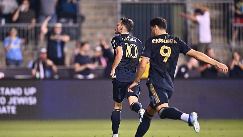 Oct 4, 2023; Philadelphia, Pennsylvania, USA; Philadelphia Union midfielder Deniel Gazdag (10) runs off the field after scoring a goal in the first half against the Atlanta United at Subaru Park. Mandatory Credit: Kyle Ross-USA TODAY Sports