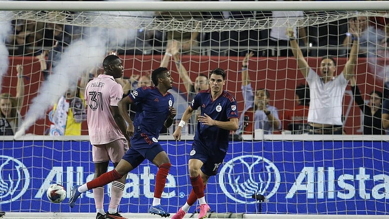 Oct 4, 2023; Chicago, Illinois, USA; Chicago Fire midfielder Maren Haile-Selassie (7) celebrates after scoring a goal against the Inter Miami CF during the second half at Soldier Field. Mandatory Credit: Jon Durr-USA TODAY Sports