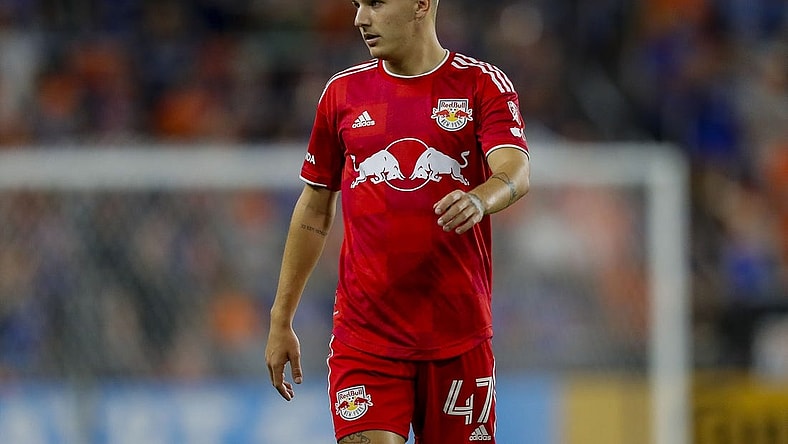 Oct 4, 2023; Cincinnati, Ohio, USA; New York Red Bulls defender John Tolkin (47) walks on the field during the second half against FC Cincinnati at TQL Stadium. Mandatory Credit: Katie Stratman-USA TODAY Sports