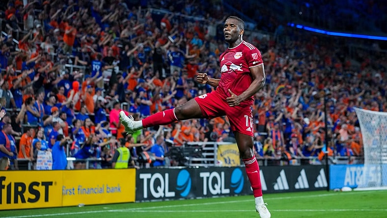 Oct 4, 2023; Cincinnati, Ohio, USA;  New York Red Bulls forward Elias Manoel (11) celebrates scoring a goal against FC Cincinnati in the second half at TQL Stadium. The goal was overturned after a video review. Mandatory Credit: Aaron Doster-USA TODAY Sports