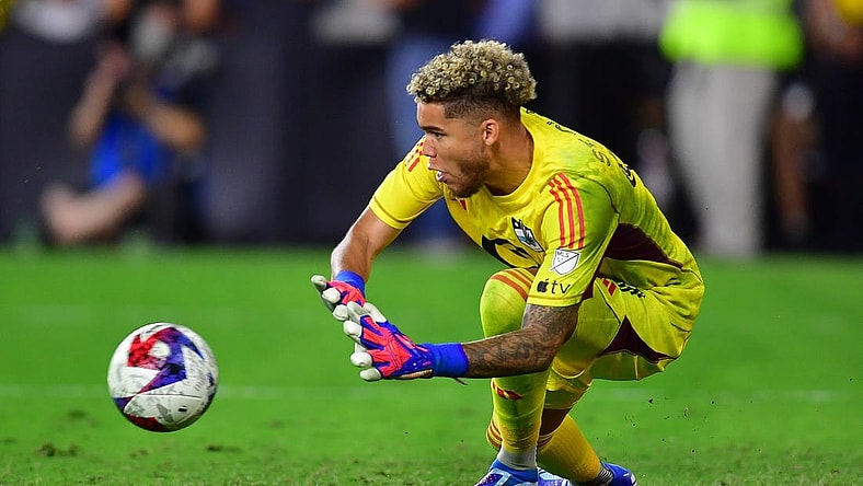 Oct 4, 2023; Los Angeles, California, USA; Minnesota United goalkeeper Dayne St. Clair (97) stops a shot against Los Angeles FC during the second half at BMO Stadium. Mandatory Credit: Gary A. Vasquez-USA TODAY Sports