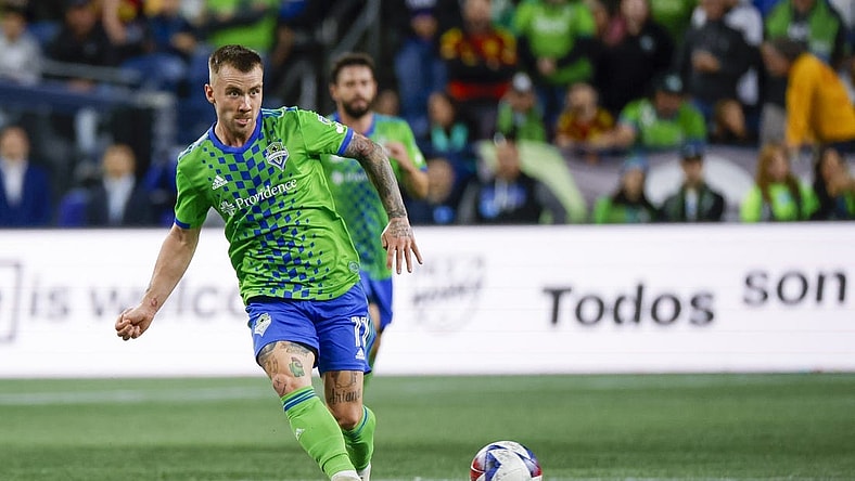 Oct 4, 2023; Seattle, Washington, USA; Seattle Sounders FC midfielder Albert Rusnak (11) passes against the Los Angeles Galaxy during the first half at Lumen Field. Mandatory Credit: Joe Nicholson-USA TODAY Sports