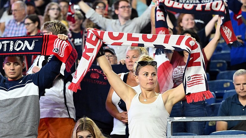 Oct 4, 2023; Foxborough, Massachusetts, USA; New England Revolution fans cheer before a game against the Columbus Crew at Gillette Stadium. Mandatory Credit: Brian Fluharty-USA TODAY Sports
