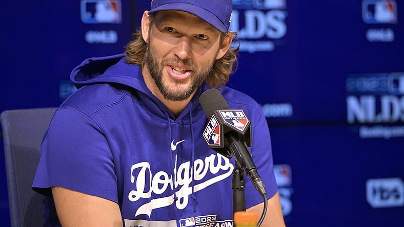 Oct 6, 2023; Los Angeles, CA, USA;  Los Angeles Dodgers starting pitcher Clayton Kershaw (22) speaks during a news conference at the NLDS workouts at Dodgers Stadium. Mandatory Credit: Jayne Kamin-Oncea-USA TODAY Sports