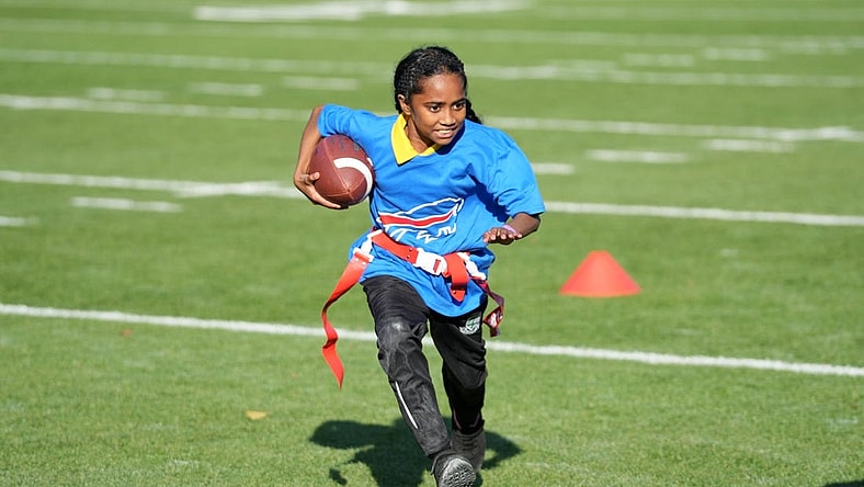 Oct 6, 2023; Watford, United Kingdom; Girls participate in a NFL Flag football event at The Grove Hotel. Mandatory Credit: Kirby Lee-USA TODAY Sports