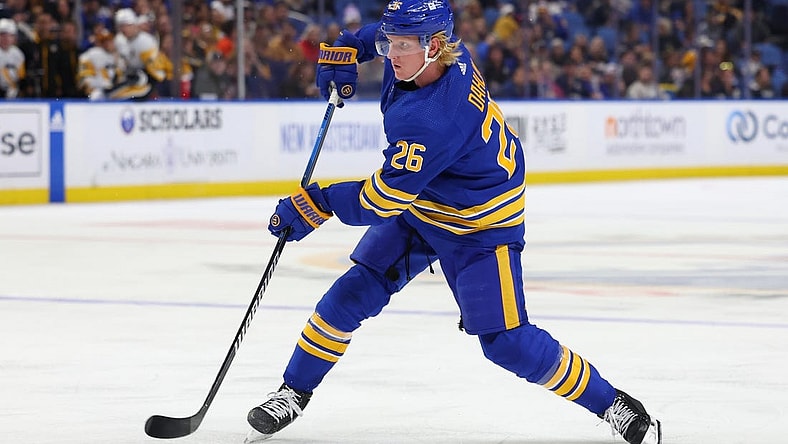 Oct 6, 2023; Buffalo, New York, USA;  Buffalo Sabres defenseman Rasmus Dahlin (26) takes a shot on goal during the second period against the Pittsburgh Penguins at KeyBank Center. Mandatory Credit: Timothy T. Ludwig-USA TODAY Sports