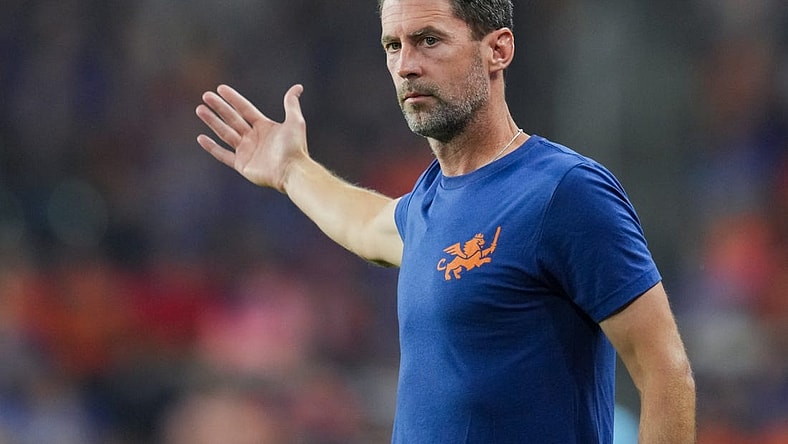Oct 4, 2023; Cincinnati, Ohio, USA;  FC Cincinnati head coach Pat Noonan works the sideline against the New York Red Bulls at TQL Stadium. Mandatory Credit: Aaron Doster-USA TODAY Sports