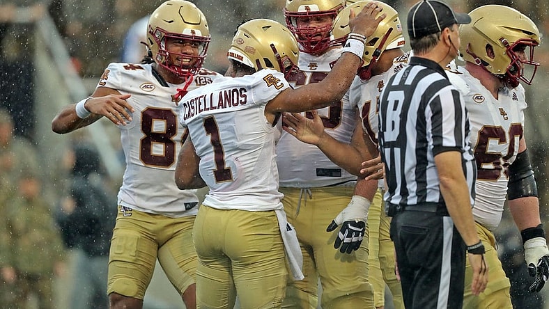 Oct 7, 2023; West Point, New York, USA; Boston College Eagles quarterback Thomas Castellanos (1) celebrates his touchdown against the Army Black Knights during the first half at Michie Stadium. Mandatory Credit: Danny Wild-USA TODAY Sports