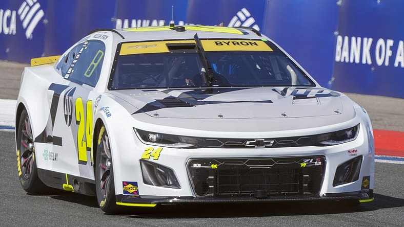 Oct 7, 2023; Concord, North Carolina, USA; NASCAR Cup Series driver William Byron (24) during Cup practice and qualifying at Charlotte Motor Speedway Road Course. Mandatory Credit: Jim Dedmon-USA TODAY Sports