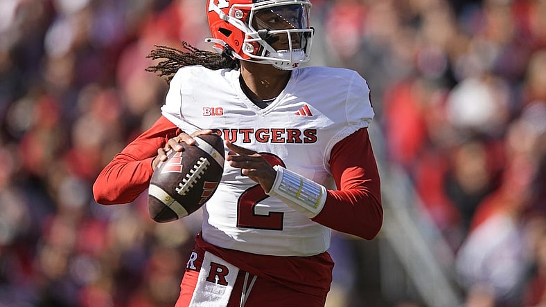 Oct 7, 2023; Madison, Wisconsin, USA;  Rutgers Scarlet Knights quarterback Gavin Wimsatt (2) looks to throw a pass during the second quarter against the Wisconsin Badgers at Camp Randall Stadium. Mandatory Credit: Jeff Hanisch-USA TODAY Sports
