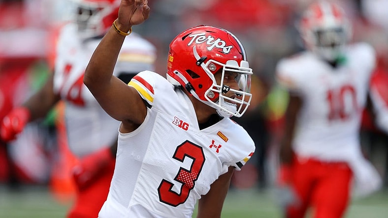Oct 7, 2023; Columbus, Ohio, USA; Maryland Terrapins quarterback Taulia Tagovailoa (3) celebrates a touchdown during the third quarter against the Ohio State Buckeyes at Ohio Stadium. Mandatory Credit: Joseph Maiorana-USA TODAY Sports