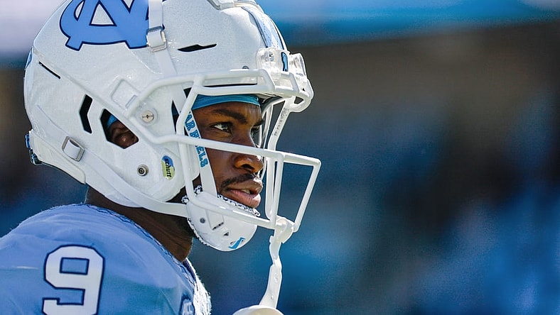 Oct 7, 2023; Chapel Hill, North Carolina, USA; North Carolina Tar Heels wide receiver Devontez Walker (9) warms up before the game against the Syracuse Orange at Kenan Memorial Stadium. Mandatory Credit: Jaylynn Nash-USA TODAY Sports
