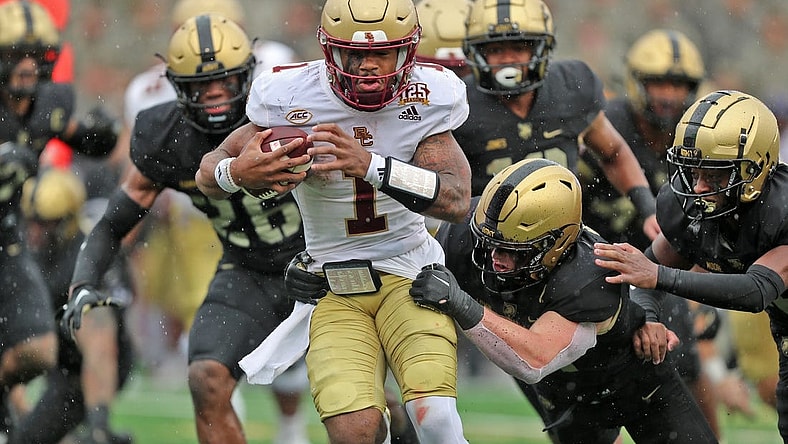 Oct 7, 2023; West Point, New York, USA; Boston College Eagles quarterback Thomas Castellanos (1) carries the ball against the Army Black Knights during the second half at Michie Stadium. Mandatory Credit: Danny Wild-USA TODAY Sports