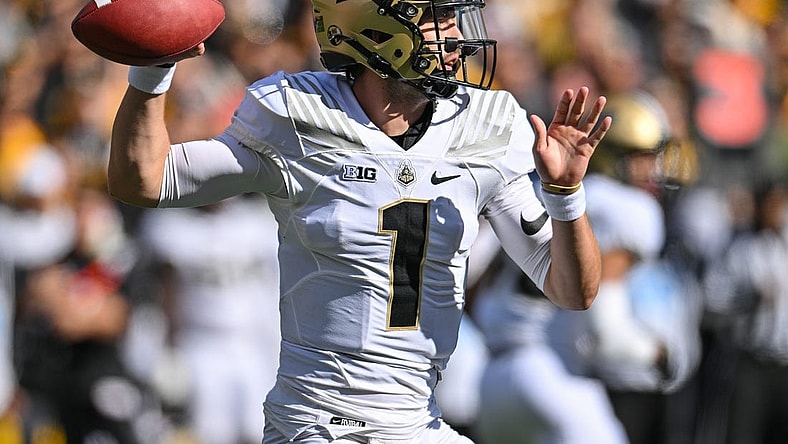 Oct 7, 2023; Iowa City, Iowa, USA; Purdue Boilermakers quarterback Hudson Card (1) throws a pass against the Iowa Hawkeyes during the first quarter at Kinnick Stadium. Mandatory Credit: Jeffrey Becker-USA TODAY Sports