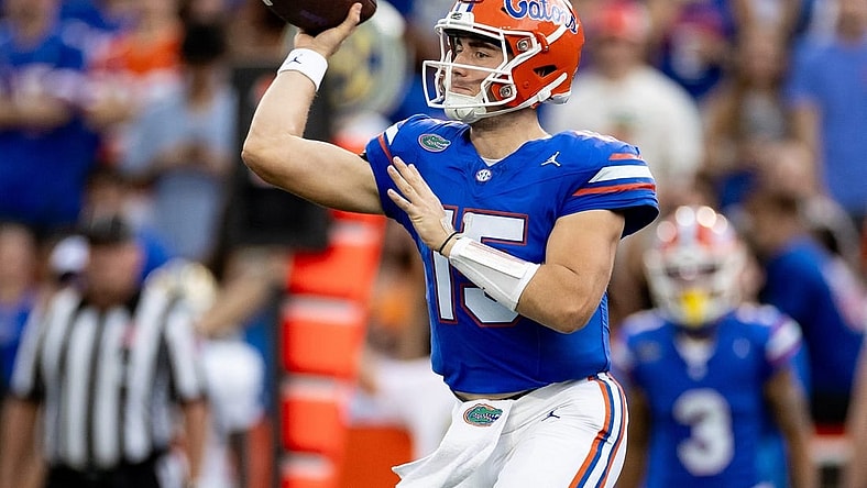 Florida Gators quarterback Graham Mertz (15) throws the ball during the first half against the Vanderbilt Commodores at Steve Spurrier Field at Ben Hill Griffin Stadium in Gainesville, FL on Saturday, October 7, 2023. [Matt Pendleton/Gainesville Sun]
