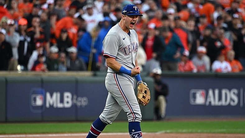Oct 7, 2023; Baltimore, Maryland, USA; Texas Rangers third baseman Josh Jung (6) celebrates after the Rangers defeated the Baltimore Orioles in game one of the ALDS for the 2023 MLB playoffs at Oriole Park at Camden Yards. Mandatory Credit: Tommy Gilligan-USA TODAY Sports