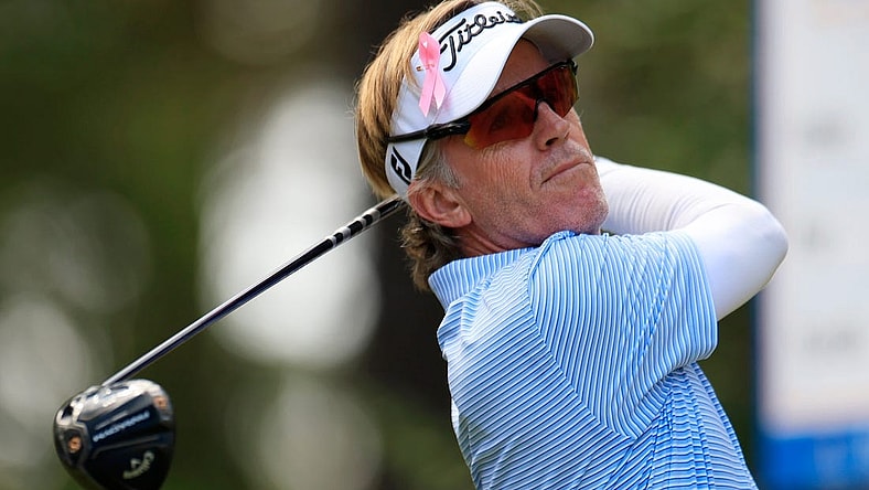 Brett Quigley plays his shot from the sixth tee during the second round of the Constellation Furyk & Friends PGA Tour Champions golf tournament Saturday, Oct. 7, 2023 at Timuquana Country Club in Jacksonville, Fla. [Corey Perrine/Florida Times-Union]