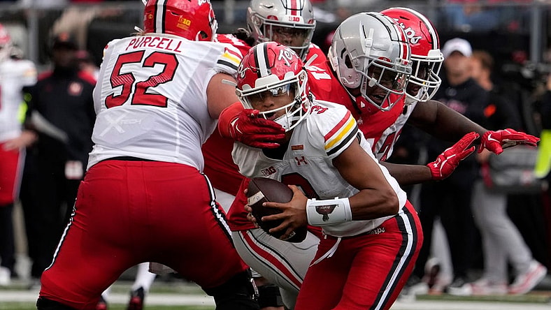 Oct. 7, 2023; Columbus, Oh., USA; 
Maryland Terrapins quarterback Taulia Tagovailoa (3) is nabbed by Ohio State Buckeyes defensive tackle Michael Hall Jr. (51) during the second half of Saturday's NCAA Division I football game at Ohio Stadium.