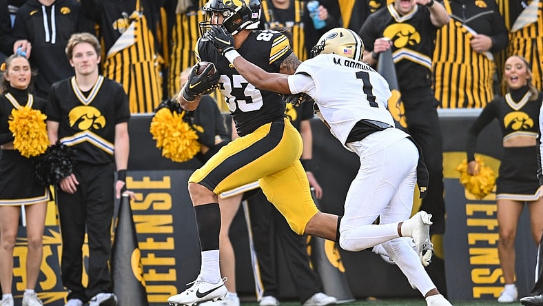 Oct 7, 2023; Iowa City, Iowa, USA; Iowa Hawkeyes tight end Erick All (83) catches a touchdown pass from quarterback Deacon Hill (not pictured) as Purdue Boilermakers Markevious Brown (1) defends during the fourth quarter at Kinnick Stadium. Mandatory Credit: Jeffrey Becker-USA TODAY Sports