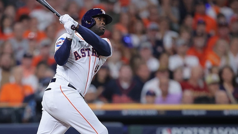 Oct 7, 2023; Houston, Texas, USA; Houston Astros left fielder Yordan Alvarez (44) hits a home-run in the seventh inning against the Minnesota Twins during game one of the ALDS for the 2023 MLB playoffs at Minute Maid Park. Mandatory Credit: Erik Williams-USA TODAY Sports
