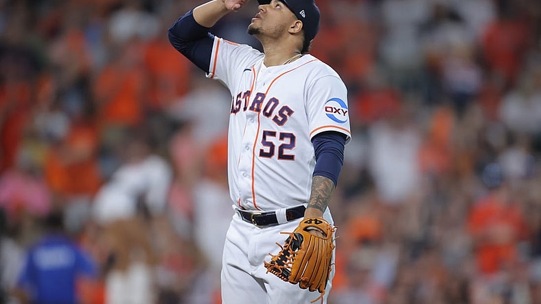 Oct 7, 2023; Houston, Texas, USA; Houston Astros relief pitcher Bryan Abreu (52) looks on in the eighth inning against the Minnesota Twins during game one of the ALDS for the 2023 MLB playoffs at Minute Maid Park. Mandatory Credit: Erik Williams-USA TODAY Sports