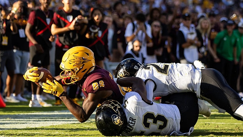 Oct 7, 2023; Tempe, Arizona, USA; Arizona State Sun Devils wide receiver Andre Johnson (82) dives towards the goal line against the Colorado Buffaloes in the first half at Mountain America Stadium. Mandatory Credit: Mark J. Rebilas-USA TODAY Sports