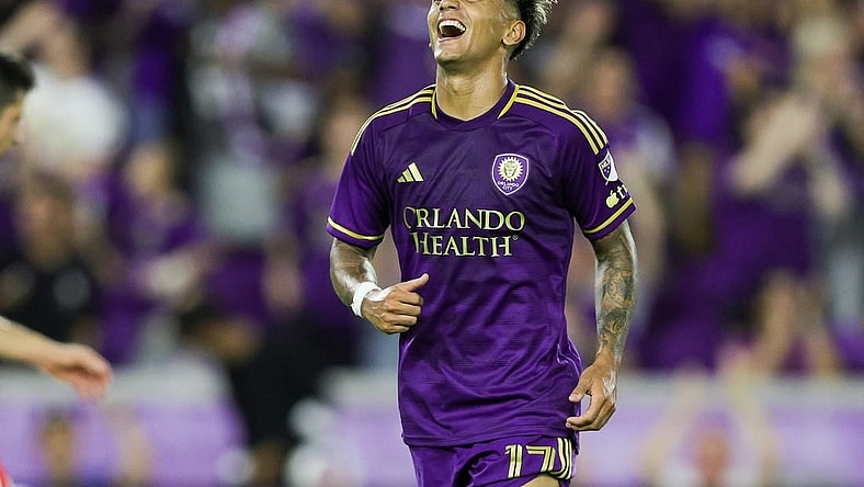 Oct 7, 2023; Orlando, Florida, USA;  Orlando City SC forward Facundo Torres (17) celebrates after scoring a goal against the New England Revolution in the first half at Exploria Stadium. Mandatory Credit: Nathan Ray Seebeck-USA TODAY Sports