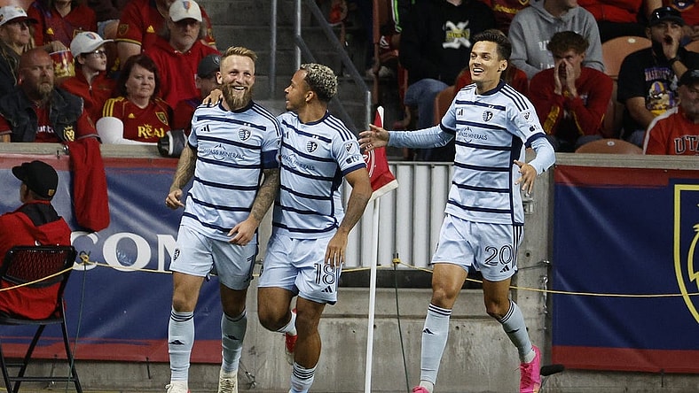 Oct 7, 2023; Sandy, Utah, USA; Sporting Kansas City forward Johnny Russell (7) celebrates after his second half goal against the Real Salt Lake at America First Field. Mandatory Credit: Jeff Swinger-USA TODAY Sports
