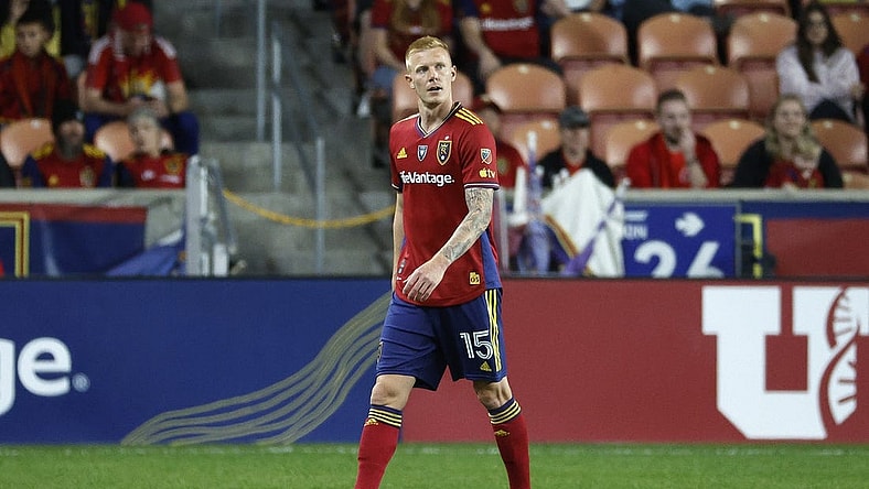 Oct 7, 2023; Sandy, Utah, USA; Real Salt Lake defender Justen Glad (15) walks off the field after a red card ejection in the opening minutes against the Sporting Kansas City at America First Field. Mandatory Credit: Jeff Swinger-USA TODAY Sports