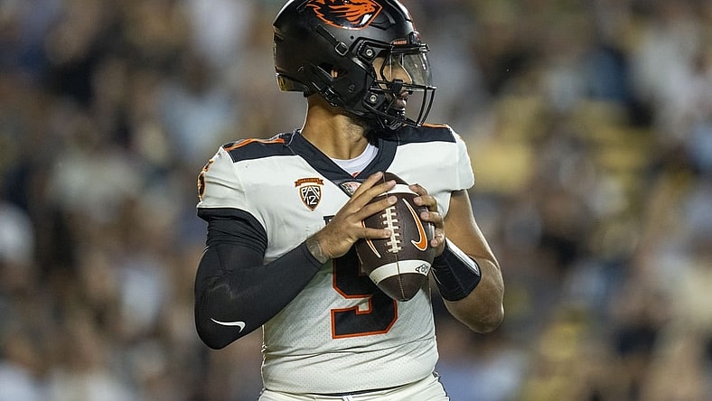 October 7, 2023; Berkeley, California, USA; Oregon State Beavers quarterback DJ Uiagalelei (5) looks for a receiver during the first quarter against the California Golden Bears at California Memorial Stadium. Mandatory Credit: Kyle Terada-USA TODAY Sports