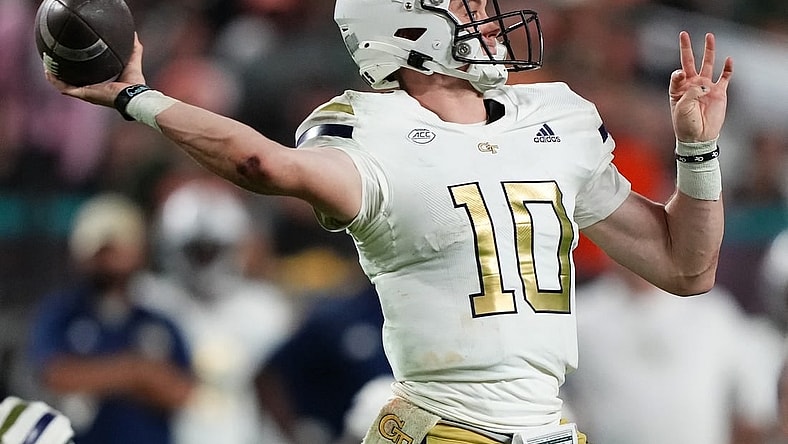 Oct 7, 2023; Miami Gardens, Florida, USA; Georgia Tech Yellow Jackets quarterback Haynes King (10) attempts a pass against the Miami Hurricanes in the second half at Hard Rock Stadium. Mandatory Credit: Jasen Vinlove-USA TODAY Sports