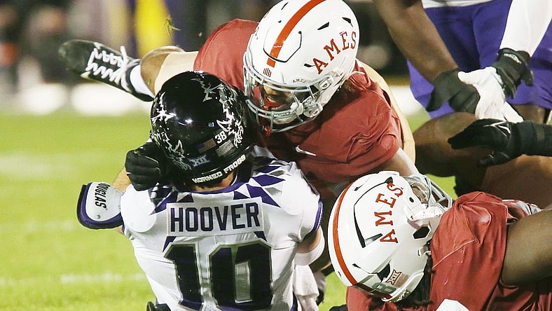 Iowa State Cyclones linebacker Zachary Lovett (0) takes down TCU Horned Frogs' quarterback Josh Hoover (10) during the third quarter in the Jack Trice Legacy Game at Jack Trice Stadium on Saturday, Oct. 7, 2023, in Ames, Iowa.