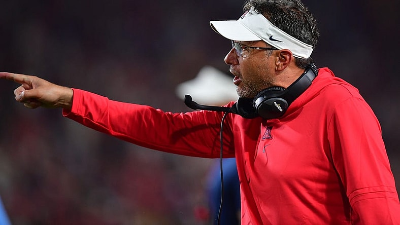 Oct 7, 2023; Los Angeles, California, USA; Arizona Wildcats head coach Jedd Fisch reacts during the second half at Los Angeles Memorial Coliseum. Mandatory Credit: Gary A. Vasquez-USA TODAY Sports