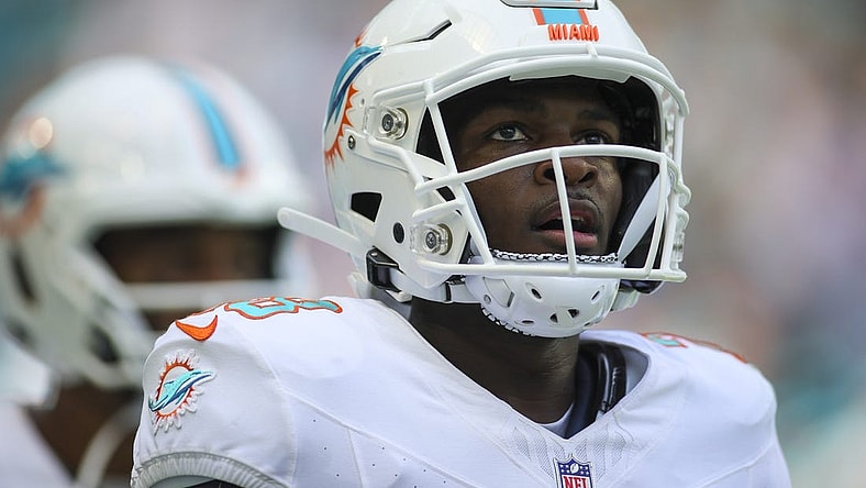 Oct 8, 2023; Miami Gardens, Florida, USA; Miami Dolphins running back De'Von Achane (28) looks on after scoring a touchdown against the New York Giants during the second quarter at Hard Rock Stadium. Mandatory Credit: Sam Navarro-USA TODAY Sports