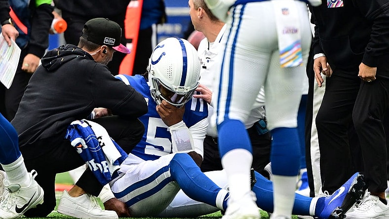 Oct 8, 2023; Indianapolis, Indiana, USA; Indianapolis Colts quarterback Anthony Richardson (5) sits on the field with a shoulder injury during the second quarter against the Tennessee Titans at Lucas Oil Stadium. Mandatory Credit: Marc Lebryk-USA TODAY Sports