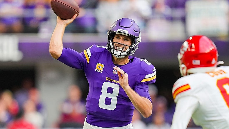 Oct 8, 2023; Minneapolis, Minnesota, USA; Minnesota Vikings quarterback Kirk Cousins (8) passes against the Kansas City Chiefs in the second quarter at U.S. Bank Stadium. Mandatory Credit: Brad Rempel-USA TODAY Sports
