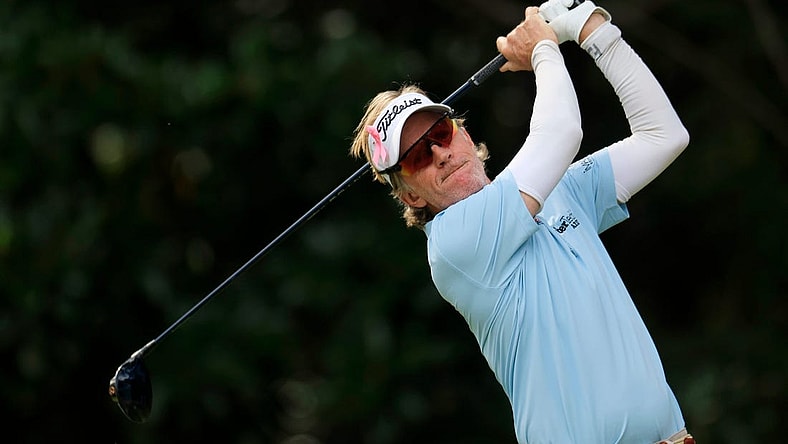 Brett Quigley plays his shot from the 16th tee during the third and final round of the Constellation Furyk & Friends PGA Tour Champions golf tournament Sunday, Oct. 8, 2023 at Timuquana Country Club in Jacksonville, Fla. Brett Quigley won at 11 under par, one stroke over Steven Alker. [Corey Perrine/Florida Times-Union]
