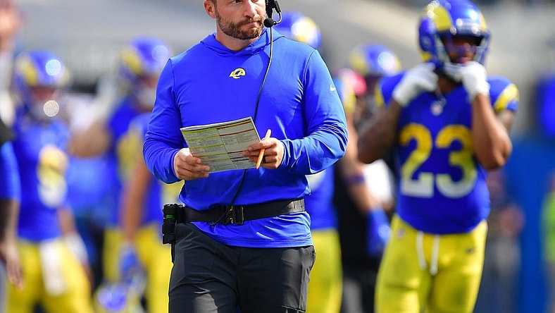 Oct 8, 2023; Inglewood, California, USA; Los Angeles Rams head coach Sean McVay watches game action against the Philadelphia Eagles during the second half at SoFi Stadium. Mandatory Credit: Gary A. Vasquez-USA TODAY Sports
