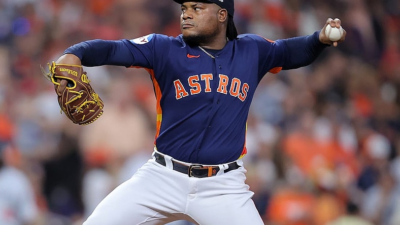 Oct 8, 2023; Houston, Texas, USA; Houston Astros starting pitcher Framber Valdez (59) throws a pitch in the first inning for game two of the ALDS for the 2023 MLB playoffs against the Minnesota Twins at Minute Maid Park. Mandatory Credit: Erik Williams-USA TODAY Sports